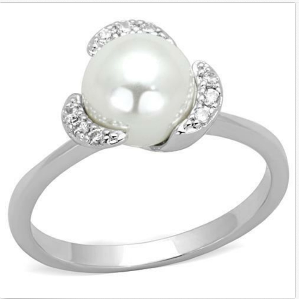 Silver Pearl Cocktail Ring Size 7 8 Cubic Zirconia Victorian Style RhodiumPlated